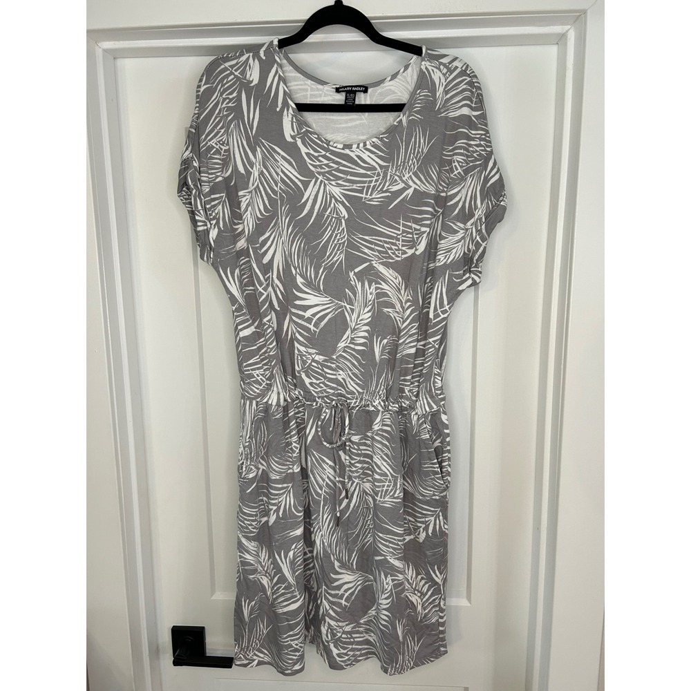 Hilary Radley Grey White Palm Leaf Print Drawstring Waist Pocket Dress XL